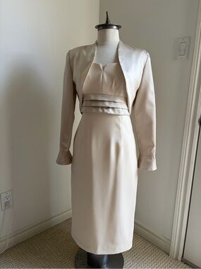 Algo Canada Champagne Satin Trim Dress & Matching Blazer Bolero Jacket Set SIZE6